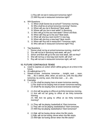 (-) Roy will not eat in restaurant tomorrow night?
(?) Will Roy eat in restaurant tomorrow night?
e. WH-Questions :
1. A. When shall Darren be at school? Tomorrow morning.
B. Who shall be at school tomorrow morning? Darren.
2. A. When will you be in Bandung? Next week.
B. Where will you be in next week? In Bandung.
3. A. Who will go to the zoo next week? Simon and Bob.
B. When will they go to the zoo? Next week.
4. A. What will she buy next month? A new bag.
B. When will she buy a new bag? Next month.
5. A. When will Roy eat in restaurant? Tomorrow night.
B. Who will eat in restaurant tomorrow night? Roy
f. Tag Questions :
1. Darren shall not be at school tomorrow morning, shall he?
2. You will not be in Bandung next week, will you?
3. Simon and Bob will go to the zoo next week, will not they?
4. She will not buy a new bag next month, will she?
5. Roy will not eat in restaurant tomorrow night, will he?
10. FUTURE CONTINUOUS TENSE
a. Used to express an action which will be going on at a time in the
future.
b. (S+will/shall+be+Ving)
c. Adverb of time :tomorrow, tomorrow ..., tonight, next ..., soon,
this ..., till, if, before, after, when, as soon as, until, the day after
tomorrow, by and by, soon, this time next ..., at ... etc.
d. Examples :
1. (+) Pia shall be staying here at seven tomorrow evening.
(-) Pia shall not be staying here at seven tomorrow evening.
(?) Shall Pia be staying here at seven tomorrow evening?
2. (+) Ami will be going to office at six thirty tomorrow morning.
(-) Ami will not be going to office at six thirty tomorrow
morning.
(?) Will Ami be going to office at six thirty tomorrow
morning?
3. (+) They will be playing basketball at 10am tomorrow.
(-) They will not be playing basketball at 10am tomorrow.
(?) Will they be playing basketball at 10am tomorrow?
4. (+) Kyle will be having dinner when the film starts.
(-) Kyle will not be having dinner when the film starts.
(?) Will Kyle be having dinner when the film starts?
 
