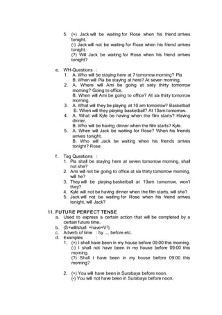 5. (+) Jack will be waiting for Rose when his friend arrives
tonight.
(-) Jack will not be waiting for Rose when his friend arrives
tonight.
(?) Will Jack be waiting for Rose when his friend arrives
tonight?
e. WH-Questions :
1. A. Who will be staying here at 7 tomorrow morning? Pia
B. When will Pia be staying at here? At seven morning.
2. A. Where will Ami be going at sixty thirty tomorrow
morning? Going to office.
B. When will Ami be going to office? At six thirty tomorrow
morning.
3. A. What will they be playing at 10 am tomorrow? Basketball
B. When will they playing basketball? At 10am tomorrow.
4. A. What will Kyle be having when the film starts? Having
dinner.
B. Who will be having dinner when the film starts? Kyle.
5. A. When will Jack be waiting for Rose? When his friends
arrives tonight.
B. Who will Jack be waiting when his friends arrives
tonight? Rose.
f. Tag Questions :
1. Pia shall be staying here at seven tomorrow morning, shall
not she?
2. Ami will not be going to office at six thirty tomorrow morning,
will he?
3. They will be playing basketball at 10am tomorrow, won’t
they?
4. Kyle will not be having dinner when the film starts, will she?
5. Jack will not be waiting for Rose when his friend arrives
tonight, will Jack?
11. FUTURE PERFECT TENSE
a. Used to express a certain action that will be completed by a
certain future time.
b. (S+will/shall +have+V3)
c. Adverb of time : by ..., before etc.
d. Examples :
1. (+) I shall have been in my house before 09:00 this morning.
(-) I shall not have been in my house before 09:00 this
morning.
(?) Shall I have been in my house before 09:00 this
morning?
2. (+) You will have been in Surabaya before noon.
(-) You will not have been in Surabaya before noon.
 