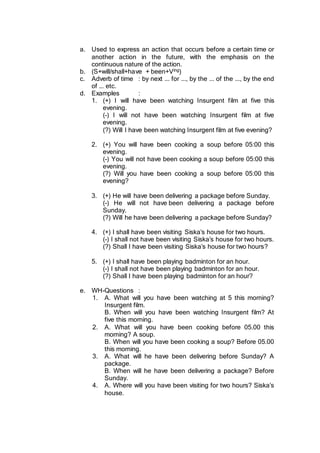 a. Used to express an action that occurs before a certain time or
another action in the future, with the emphasis on the
continuous nature of the action.
b. (S+will/shall+have + been+Ving)
c. Adverb of time : by next ... for ..., by the ... of the ..., by the end
of ... etc.
d. Examples :
1. (+) I will have been watching Insurgent film at five this
evening.
(-) I will not have been watching Insurgent film at five
evening.
(?) Will I have been watching Insurgent film at five evening?
2. (+) You will have been cooking a soup before 05:00 this
evening.
(-) You will not have been cooking a soup before 05:00 this
evening.
(?) Will you have been cooking a soup before 05:00 this
evening?
3. (+) He will have been delivering a package before Sunday.
(-) He will not have been delivering a package before
Sunday.
(?) Will he have been delivering a package before Sunday?
4. (+) I shall have been visiting Siska’s house for two hours.
(-) I shall not have been visiting Siska’s house for two hours.
(?) Shall I have been visiting Siska’s house for two hours?
5. (+) I shall have been playing badminton for an hour.
(-) I shall not have been playing badminton for an hour.
(?) Shall I have been playing badminton for an hour?
e. WH-Questions :
1. A. What will you have been watching at 5 this morning?
Insurgent film.
B. When will you have been watching Insurgent film? At
five this morning.
2. A. What will you have been cooking before 05.00 this
morning? A soup.
B. When will you have been cooking a soup? Before 05.00
this morning.
3. A. What will he have been delivering before Sunday? A
package.
B. When will he have been delivering a package? Before
Sunday.
4. A. Where will you have been visiting for two hours? Siska’s
house.
 