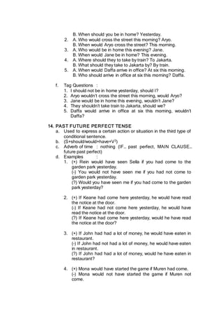 B. When should you be in home? Yesterday.
2. A. Who would cross the street this morning? Aryo.
B. When would Aryo cross the street? This morning.
3. A. Who would be in home this evening? Jane.
B. When would Jane be in home? This evening.
4. A. Where should they to take by train? To Jakarta.
B. What should they take to Jakarta by? By train.
5. A. When would Daffa arrive in office? At six this morning.
B. Who should arrive in office at six this morning? Daffa.
f. Tag Questions :
1. I should not be in home yesterday, should I?
2. Aryo wouldn’t cross the street this morning, would Aryo?
3. Jane would be in home this evening, wouldn’t Jane?
4. They shouldn’t take train to Jakarta, should we?
5. Daffa would arrive in office at six this morning, wouldn’t
Daffa?
14. PAST FUTURE PERFECT TENSE
a. Used to express a certain action or situation in the third type of
conditional sentence.
b. (S+should/would+have+V3)
c. Adverb of time : nothing (IF… past perfect, MAIN CLAUSE…
future past perfect)
d. Examples :
1. (+) Rein would have seen Sella if you had come to the
garden park yesterday.
(-) You would not have seen me if you had not come to
garden park yesterday.
(?) Would you have seen me if you had come to the garden
park yesterday?
2. (+) If Keane had come here yesterday, he would have read
the notice at the door.
(-) If Keane had not come here yesterday, he would have
read the notice at the door.
(?) If Keane had come here yesterday, would he have read
the notice at the door?
3. (+) If John had had a lot of money, he would have eaten in
restaurant.
(-) If John had not had a lot of money, he would have eaten
in restaurant.
(?) If John had had a lot of money, would he have eaten in
restaurant?
4. (+) Mona would have started the game if Muren had come.
(-) Mona would not have started the game if Muren not
come.
 