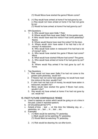 (?) Would Mona have started the game if Muren come?
5. (+) Rey would have arrived at home if he had gone by car.
(-) Rey would not have arrived at home if he had not gone
by car.
(?) Would he have arrived at home if he had gone by car?
e. WH-Questions :
1. A. Who would have seen Sella ? Rein
B. Where would Rein have seen Sella? At the garden park.
2. A Who would have read the notice if had come yesterday?
Keane.
B. Where would Keane have read the notice? At the door.
3. A. Where would John have eaten if he had had a lot of
money? At restaurant.
B. Who would have eaten in restaurant if he had had a lot
of money? John.
4. A. Who would have started the game if Muren had come?
Mona
B. What would have started if Muren had come? The game.
5. A. Who would have arrived at home if he had gone by car?
Rey
B. Where would Rey arrived if he had gone by car? At
home.
f. Tag Questions :
1. Rein would not have seen Sella if he had not come to the
garden park yesterday, would he?
2. If Keane had not come here yesterday, he would have read
the notice at the door, wouldn’t he?
3. If John had not had a lot of money, he would have eaten in
restaurant, wouldn’t he?
4. Mona would have started the game if Muren had come,
wouldn’t she?
5. Rey would not have arrived at home if he had not gone by
car, would he?
15. PAST FUTURE CONTINUOUS TENSE
a. Used to express an action which would be going on at a time in
the past. (used in reported speech)
b. (S+should/would+be+Ving)
c. Adverb of time : last ..., at this time the following day, at ...
yesterday, on ... last ..., in ... last ... etc.
d. Examples :
1. (+) Mark would be watching TV yesterday.
(-) Mark would not be watching TV yesterday.
(?) Would Mark be watching TV yesterday.
2. (+) Rick would be cleaning his car after lunch.
 