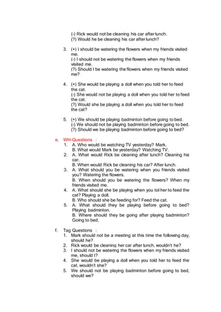 (-) Rick would not be cleaning his car after lunch.
(?) Would he be cleaning his car after lunch?
3. (+) I should be watering the flowers when my friends visited
me.
(-) I should not be watering the flowers when my friends
visited me.
(?) Should I be watering the flowers when my friends visited
me?
4. (+) She would be playing a doll when you told her to feed
the cat.
(-) She would not be playing a doll when you told her to feed
the cat.
(?) Would she be playing a doll when you told her to feed
the cat?
5. (+) We should be playing badminton before going to bed.
(-) We should not be playing badminton before going to bed.
(?) Should we be playing badminton before going to bed?
e. WH-Questions :
1. A. Who would be watching TV yesterday? Mark.
B. What would Mark be yesterday? Watching TV.
2. A. What would Rick be cleaning after lunch? Cleaning his
car.
B. When would Rick be cleaning his car? After lunch.
3. A. What should you be watering when you friends visited
you? Watering the flowers.
B. When should you be watering the flowers? When my
friends visited me.
4. A. What should she be playing when you tol her to feed the
cat? Playing a doll.
B. Who should she be feeding for? Feed the cat.
5. A. What should they be playing before going to bed?
Playing badminton.
B. Where should they be going after playing badminton?
Going to bed.
f. Tag Questions :
1. Mark should not be a meeting at this time the following day,
should he?
2. Rick would be cleaning her car after lunch, wouldn’t he?
3. I should not be watering the flowers when my friends visited
me, should I?
4. She would be playing a doll when you told her to feed the
cat, wouldn’t she?
5. We should not be playing badminton before going to bed,
should we?
 