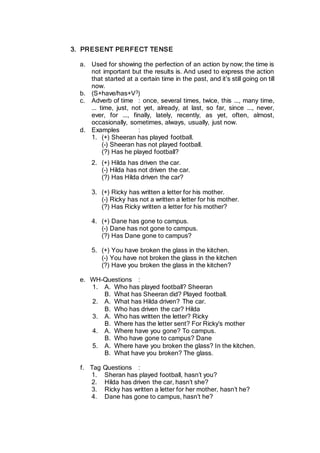 3. PRESENT PERFECT TENSE
a. Used for showing the perfection of an action by now; the time is
not important but the results is. And used to express the action
that started at a certain time in the past, and it’s still going on till
now.
b. (S+have/has+V3)
c. Adverb of time : once, several times, twice, this ..., many time,
... time, just, not yet, already, at last, so far, since ..., never,
ever, for ..., finally, lately, recently, as yet, often, almost,
occasionally, sometimes, always, usually, just now.
d. Examples :
1. (+) Sheeran has played football.
(-) Sheeran has not played football.
(?) Has he played football?
2. (+) Hilda has driven the car.
(-) Hilda has not driven the car.
(?) Has Hilda driven the car?
3. (+) Ricky has written a letter for his mother.
(-) Ricky has not a written a letter for his mother.
(?) Has Ricky written a letter for his mother?
4. (+) Dane has gone to campus.
(-) Dane has not gone to campus.
(?) Has Dane gone to campus?
5. (+) You have broken the glass in the kitchen.
(-) You have not broken the glass in the kitchen
(?) Have you broken the glass in the kitchen?
e. WH-Questions :
1. A. Who has played football? Sheeran
B. What has Sheeran did? Played football.
2. A. What has Hilda driven? The car.
B. Who has driven the car? Hilda
3. A. Who has written the letter? Ricky
B. Where has the letter sent? For Ricky’s mother
4. A. Where have you gone? To campus.
B. Who have gone to campus? Dane
5. A. Where have you broken the glass? In the kitchen.
B. What have you broken? The glass.
f. Tag Questions :
1. Sheran has played football, hasn’t you?
2. Hilda has driven the car, hasn’t she?
3. Ricky has written a letter for her mother, hasn’t he?
4. Dane has gone to campus, hasn’t he?
 