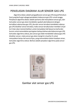 KAMAL QRIMLY (14412018) 3IB03C
UNIVERSITAS GUNADARMA 2015
PENJELASAN DIAGRAM ALUR SENSOR GAS LPG
Algoritma diatas adalah p...
