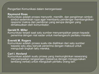 Pengertian Komunikasi dalam berorganisasi:
Raymond Ross
Komunikasi adalah proses menyortir, memilih, dan pengiriman simbolsimbol sedemikian rupa agar membantu pendengar membangkitkan
respons/ makna dari pemikiran yang serupa dengan yang
dimaksudkan oleh komunikator.
Gerald R. Miller
Komunikasi terjadi saat satu sumber menyampaikan pesan kepada
penerima dengan niat sadar untuk memengaruhi perilaku mereka.

Everett M. Rogers
Komunikasi adalah proses suatu ide dialihkan dari satu sumber
kepada satu atau banyak penerima dengan maksud untuk
mengubah tingkah laku mereka.
Carl I. Hovland
Komunikasi adalah suatu proses yang memungkinkan seseorang
menyampaikan rangsangan (biasanya dengan menggunakan
lambang verbal) untuk mengubah perilaku orang lain.

 