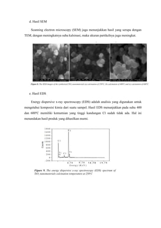 d. Hasil SEM
Scanning electron microscopy (SEM) juga menunjukkan hasil yang serupa dengan
TEM, dengan meningkatnya suhu kalsinasi, maka ukuran partikelnya juga meningkat.
e. Hasil EDS
Energy dispersive x-ray spectroscopy (EDS) adalah analisis yang digunakan untuk
mengetahui komposisi kimia dari suatu sampel. Hasil EDS menunjukkan pada suhu 400
dan 600o
C memiliki kemurnian yang tinggi kandungan Cl sudah tidak ada. Hal ini
menandakan hasil produk yang dihasilkan murni.
 