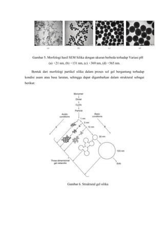 Gambar 5. Morfologi hasil SEM Silika dengan ukuran berbeda terhadap Variasi pH
(a) 21 nm, (b) 131 nm, (c) 369 nm, (d) 565 nm.
Bentuk dari morfologi partikel silika dalam proses sol gel bergantung terhadap
kondisi asam atau basa larutan, sehingga dapat digambarkan dalam struktural sebagai
berikut:
Gambar 6. Struktural gel silika
 