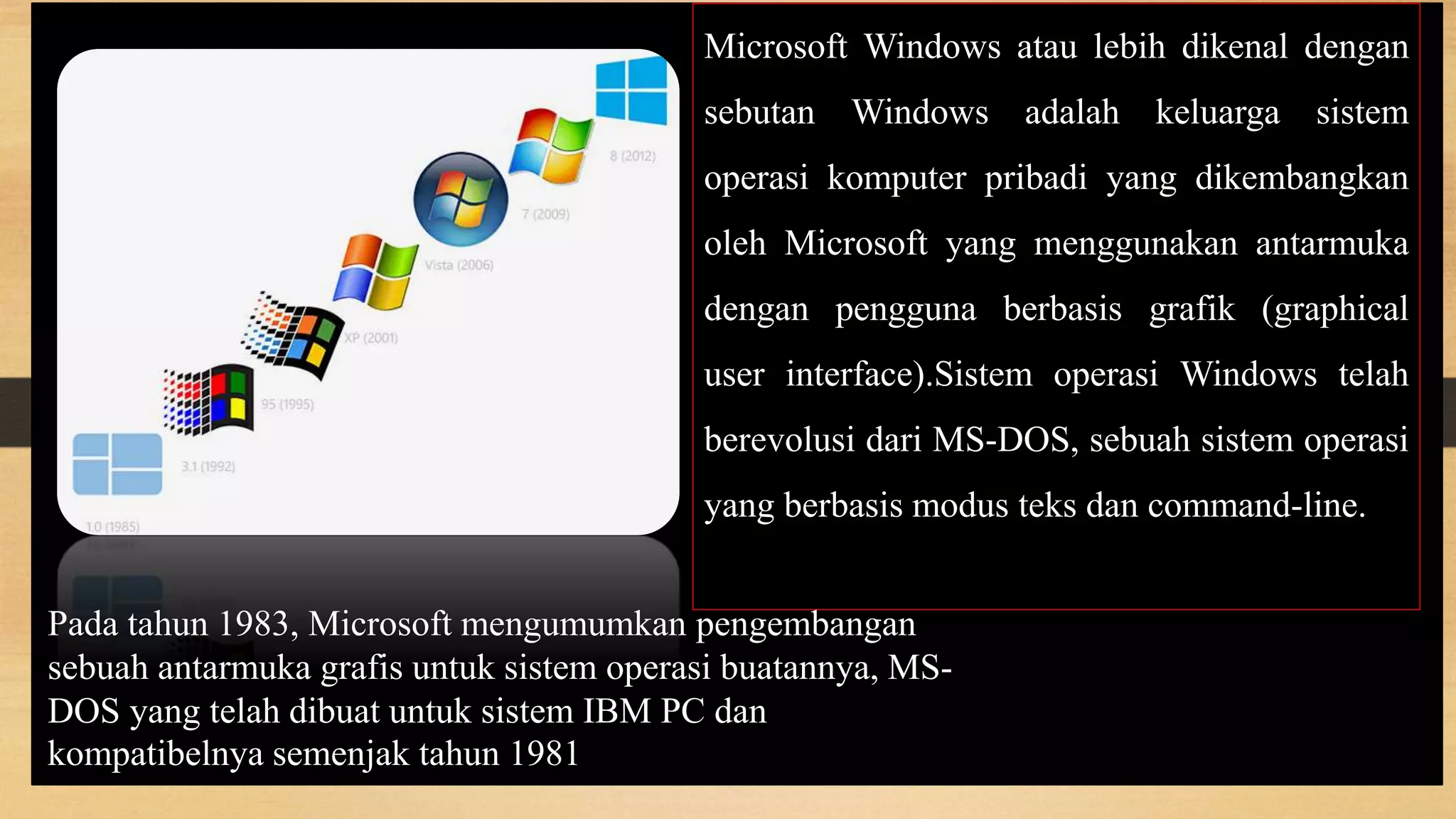 Microsoft Windows atau lebih dikenal dengan
sebutan Windows adalah keluarga sistem
operasi komputer pribadi yang dikembangkan
oleh Microsoft yang menggunakan antarmuka
dengan pengguna berbasis grafik (graphical
user interface).Sistem operasi Windows telah
berevolusi dari MS-DOS, sebuah sistem operasi
yang berbasis modus teks dan command-line.
Pada tahun 1983, Microsoft mengumumkan pengembangan
sebuah antarmuka grafis untuk sistem operasi buatannya, MS-
DOS yang telah dibuat untuk sistem IBM PC dan
kompatibelnya semenjak tahun 1981
 