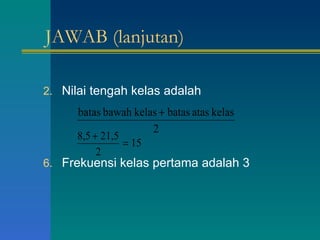 JAWAB (lanjutan) Nilai tengah kelas adalah Frekuensi kelas pertama adalah 3 