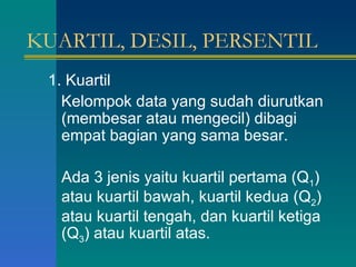 KUARTIL, DESIL, PERSENTIL 1. Kuartil Kelompok data yang sudah diurutkan (membesar atau mengecil) dibagi empat bagian yang sama besar. Ada 3 jenis yaitu kuartil pertama (Q 1 ) atau kuartil bawah, kuartil kedua (Q 2 ) atau kuartil tengah, dan kuartil ketiga (Q 3 ) atau kuartil atas. 