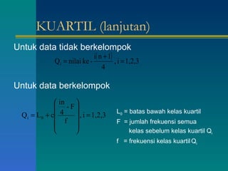 KUARTIL (lanjutan) Untuk data tidak berkelompok Untuk data berkelompok L 0  = batas bawah kelas kuartil F  = jumlah frekuensi semua   kelas sebelum kelas kuartil Q i f  = frekuensi kelas kuartil   Q i 