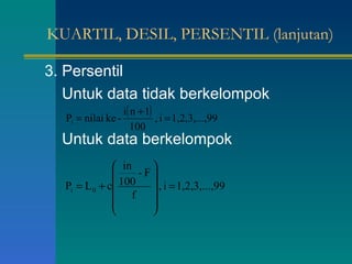 KUARTIL, DESIL, PERSENTIL (lanjutan) 3. Persentil Untuk data tidak berkelompok Untuk data berkelompok 
