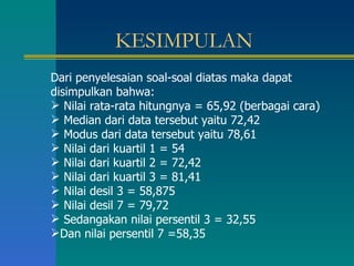 KESIMPULAN Dari penyelesaian soal-soal diatas maka dapat disimpulkan bahwa: Nilai rata-rata hitungnya = 65,92 (berbagai cara) Median dari data tersebut yaitu 72,42 Modus dari data tersebut yaitu 78,61 Nilai dari kuartil 1 = 54 Nilai dari kuartil 2 = 72,42 Nilai dari kuartil 3 = 81,41 Nilai desil 3 = 58,875 Nilai desil 7 = 79,72 Sedangakan nilai persentil 3 = 32,55 Dan nilai persentil 7 =58,35  