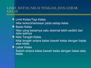 LIMIT, BATAS, NILAI TENGAH, DAN LEBAR KELAS Limit Kelas/Tepi Kelas Nilai terkecil/terbesar pada setiap kelas Batas Kelas Nilai yang besarnya satu desimal lebih sedikit dari data aslinya Nilai Tengah Kelas Nilai tengah antara batas bawah kelas dengan batas atas kelas Lebar Kelas Selisih antara batas bawah kelas dengan batas atas kelas 