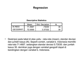 Regression Deskripsi pada tabel di atas yaitu : rata-rata (mean), standar deviasi dan jumlah kasus (N). Seperti contoh, variabel b. Indonesia memiliki rata-rata 71.4667. sedangkan standar deviasi 0.73030. dan jumlah kasus 30. demikian juga dengan variabel geografi dapat di bandingkan dengan variabel b. Indonesia.  