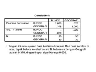 bagian ini menunjukan hasil koefisien korelasi. Dari hasil korelasi di atas, tapak bahwa korelasi antara B. Indonesia dengan Geografi adalah 0.378, dngan tingkat signifikannya 0.020. 