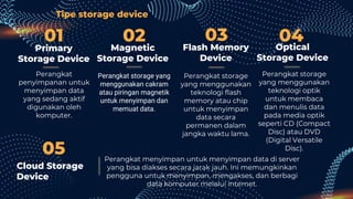 01
Magnetic
Storage Device
Perangkat storage yang
menggunakan cakram
atau piringan magnetik
untuk menyimpan dan
memuat data.
Flash Memory
Device
Perangkat storage
yang menggunakan
teknologi flash
memory atau chip
untuk menyimpan
data secara
permanen dalam
jangka waktu lama.
Primary
Storage Device
Perangkat
penyimpanan untuk
menyimpan data
yang sedang aktif
digunakan oleh
komputer.
02 03
Tipe storage device
04
Optical
Storage Device
Perangkat storage
yang menggunakan
teknologi optik
untuk membaca
dan menulis data
pada media optik
seperti CD (Compact
Disc) atau DVD
(Digital Versatile
Disc).
05
Cloud Storage
Device
Perangkat menyimpan untuk menyimpan data di server
yang bisa diakses secara jarak jauh. Ini memungkinkan
pengguna untuk menyimpan, mengakses, dan berbagi
data komputer melalui internet.
 