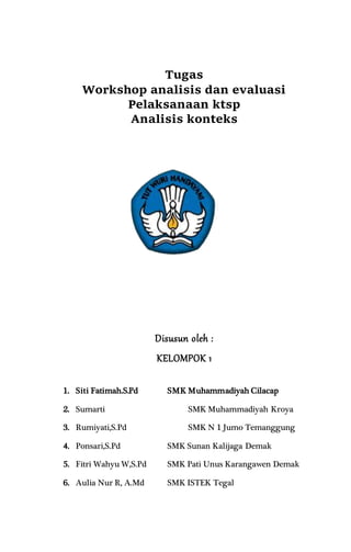 Tugas
Workshop analisis dan evaluasi
Pelaksanaan ktsp
Analisis konteks
Disusun oleh :
KELOMPOK 1
1. Siti Fatimah.S.Pd SMK Muhammadiyah Cilacap
2. Sumarti SMK Muhammadiyah Kroya
3. Rumiyati,S.Pd SMK N 1 Jumo Temanggung
4. Ponsari,S.Pd SMK Sunan Kalijaga Demak
5. Fitri Wahyu W,S.Pd SMK Pati Unus Karangawen Demak
6. Aulia Nur R, A.Md SMK ISTEK Tegal
 