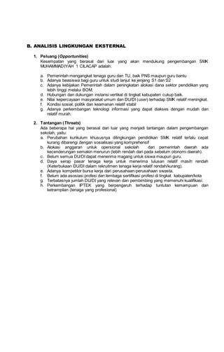 B. ANALISIS LINGKUNGAN EKSTERNAL
1. Peluang (Opportunities)
Kesempatan yang berasal dari luar yang akan mendukung pengembangan SMK
MUHAMMADIYAH 1 CILACAP adalah:
a. Pemerintah mengangkat tenaga guru dan TU, baik PNS maupun guru bantu
b. Adanya beasiswa bagi guru untuk studi lanjut ke jenjang S1 dan S2
c. Adanya kebijakan Pemerintah dalam peningkatan alokasi dana sektor pendidikan yang
lebih tinggi melalui BOM.
d. Hubungan dan dukungan instansi vertikal di tingkat kabupaten cukup baik.
e. Nilai kepercayaan masyarakat umum dan DU/DI (user) terhadap SMK relatif meningkat.
f. Kondisi sosial, politik dan keamanan relatif stabil
g. Adanya perkembangan teknologi informasi yang dapat diakses dengan mudah dan
relatif murah.
2. Tantangan (Threats)
Ada beberapa hal yang berasal dari luar yang menjadi tantangan dalam pengembangan
sekolah, yaitu:
a. Perubahan kurikulum khususnya dilingkungan pendidikan SMK relatif terlalu cepat
kurang dibarengi dengan sosialisasi yang komprehensif
b. Alokasi anggaran untuk opersional sekolah dari pemerintah daerah ada
kecenderungan semakin menurun (lebih rendah dari pada sebelum otonomi daerah).
c. Belum semua DU/DI dapat menerima magang untuk siswa maupun guru.
d. Daya serap pasar tenaga kerja untuk menerima lulusan relatif masih rendah
(Keterbukaan DU/DI dalam rekruitmen tenaga kerja relatif rendah/kurang).
e. Adanya kompetitor bursa kerja dari perusahaan-perusahaan swasta.
f. Belum ada asosiasi profesi dan lembaga sertifikasi profesi di tingkat kabupaten/kota
g. Terbatasnya jumlah DU/DI yang relevan dan pembimbing yang memenuhi kualifikasi.
h. Perkembangan IPTEK yang berpengaruh terhadap tuntutan kemampuan dan
ketrampilan (tenaga yang profesional)
 