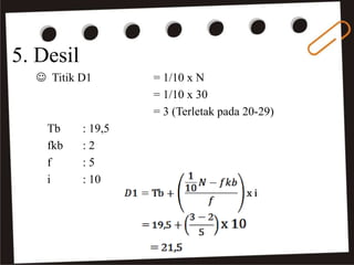 5. Desil
 Titik D1 = 1/10 x N
= 1/10 x 30
= 3 (Terletak pada 20-29)
Tb : 19,5
fkb : 2
f : 5
i : 10
 