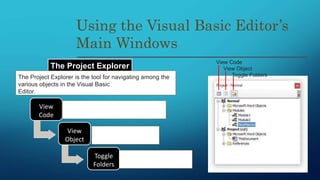 Using the Visual Basic Editor’s
Main Windows
The Project Explorer
View Code
View Object
Toggle FoldersThe Project Explorer is the tool for navigating among the
various objects in the Visual Basic
Editor.
View
Code
• Displays the Code window for the selected
objec
View
Object
• Displays a window containing
the selected object. T
Toggle
Folders
• Toggles the view of the objects in the
Project Explorer between folder view
and contents view
 