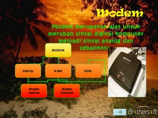 Modem Modem merupakan alat untuk merubah sinyal digital komputer menjadi sinyal analog dan sebaliknya. MODEM Dial-Up Kabel ADSL Modem Internal Modem Eksternal 