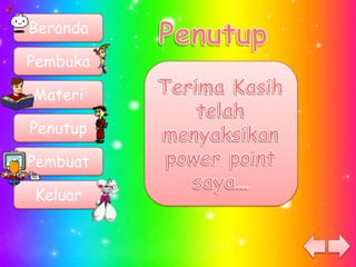 Beranda

Pembuka

Materi

Penutup

Pembuat

Keluar
 