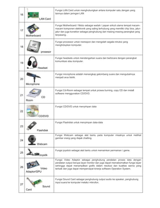 Fungsi LAN Card untuk menghubungkan antara komputer satu dengan yang
lainnya dalam jaringan LAN

16
LAN Card

Fungsi Motherboard / Mobo sebagai wadah / papan sirkuit utama tempat macammacam komponen elektronik yang saling terhubung yang memiliki chip bios, jalurjalur dan juga konektor sebagai penghubung dari masing-masing perangkat yang
terpasang.

17
Motherboard

Fungsi processor untuk merespon dan mengolah segala intruksi yang
menghidupkan komputer.

18
prosesor

Fungsi headsets untuk mendengarkan suara dan berbicara dengan perangkat
komunikasi atau komputer.

19
Headset

Fungsi microphone adalah menangkap gelombang suara dan mengubahnya
menjadi arus listrik.

20
Microphone

Fungsi Cd-Room sebagai tempat untuk proses burning, copy CD dan install
software menggunakan CD/DVD.

21

CD
Room
Fungsi CD/DVD untuk menyimpan data

22
CD/DVD
Fungsi Flashdisk untuk menyimpan data-data

23
Flashdisk
Fungsi Webcam sebagai alat bantu pada komputer misalnya untuk melihat
gambar orang yang diajak chatting.

24
Webcam

Fungsi joystick sebagai alat bantu untuk memainkan permainan / game.

25

26

Joystik

Video
Adaptor/GPU

Fungsi Video Adaptor sebagai penghubung peralatan proses data dengan
peralatan output berupa layar monitor dan juga dapat memaksimalkan fungsi layar
sehingga dapat menampilkan grafis dalam resolusi dan kualitas warna yang
terbaik dan juga dapat mempercepat kinerja software Operation System.

Fungsi Sound Card sebagai penghubung output audio ke speaker, penghubung
input suara ke komputer melalui mikrofon.

27

Sound
Card

 