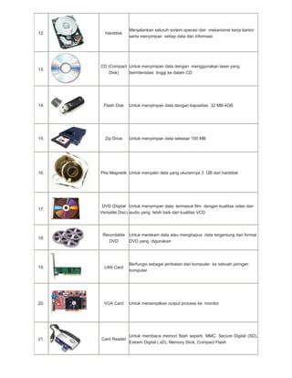 12.

13.

Harddisk

Menjalankan seluruh sistem operasi dan mekanisme kerja kantor
serta menyimpan setiap data dan informasi

CD (Compact Untuk menyimpan data dengan menggunakan laser yang
Disk)
berintensitas tinggi ke dalam CD

14.

Flash Disk

15.

Zip Drive

Untuk menyimpan data dengan kapasitas 32 MB-4GB

Untuk menyimpan data sebesar 100 MB

16.

Pita Magnetik Untuk menyalin data yang ukurannya 3 GB dari harddisk

17.

DVD (Digital Untuk menyimpan data, termasuk film dengan kualitas video dan
Versatile Disc) audio yang lebih baik dari kualitas VCD

18.

Recordable
DVD

Untuk merekam data atau menghapus data tergantung dari format
DVD yang digunakan

19.

LAN Card

Berfungsi sebagai jembatan dari komputer ke sebuah jaringan
komputer

20.

VGA Card

Untuk menampilkan output process ke monitor

21.

Card Reader

Untuk membaca memori flash seperti MMC, Secure Digital (SD),
Extrem Digital ( xD), Memory Stick, Compact Flash

 