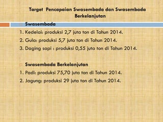 Target Pencapaian Swasembada dan Swasembada
Berkelanjutan
 Swasembada
1. Kedelai: produksi 2,7 juta ton di Tahun 2014.
2. Gula: produksi 5,7 juta ton di Tahun 2014.
3. Daging sapi : produksi 0,55 juta ton di Tahun 2014.
 Swasembada Berkelanjutan
1. Padi: produksi 75,70 juta ton di Tahun 2014.
2. Jagung: produksi 29 juta ton di Tahun 2014.
 