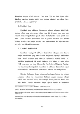 12
kalimatnya terdapat relasi antarkata. Pada abad XX ada juga dibuat pakar
klasifikasi morfologi dengan prinsip yang berbeda, misalnya yang dibuat Sapir
(1921) dan J. Greenberg (1954).11
C. Klasifikasi Areal
Klasifikasi areal dilakukan berdasarkan adanya hubungan timbal balik
anatara bahasa yang satu dengan bahasa yang lain di dalam suatu areal atau
wilayah, tanpa memperhatikan apakah bahasa itu berkerabat secara genetik atau
tidak. Usaha klasifikasi berdasarkan areal ini pernah dilakukan oleh Wilhelm
Schmidt (1868-1954) dengan bukunya Die Sprachfamilien und Sprachenkreise
der ende, yang dilampiri dengan peta.
D. Klasifikasi Sosiolinguistik
Klasifikasi sosiolinguistik dilakukan berdasarkan hubungan antara bahasa
dengan faktor-faktor yang berlaku dalam masyarakat; tepatnya, berdasarkan
status, fungsi, penilaian yang diberikan masyarakat terhdap bahasa itu.
Klasifikasi sosiolinguistik ini pernah dilakukan oleh William A. Stuart tahun
1962 yang dapat kita baca dalam artikel “An Outline of Linguistic Typology
For Describing Multilingualism”. Klasifikasi ini dilakukan berdasarkan empat
ciri atau kriteria, yaitu historitas, standardisasi, vitalitas, dan homogenesitas.
Historitas berkenaan dengan sejarah perkembangan bahasa atau sejarah
pemakaian bahasa itu. Standardisasi berkenan dengan statusnya sebagai
bahasa baku atau tidak baku, atau statusnya dalam pemakaian formal atau
tidak formal. Vitalitas berkenaan dengan apakah bahasa ini mempunyai
11
Chaer Abdul, Linguistik umum,(Jakarta : PT.RINEKACIPTA,2014), hlm25.
Yanti GP, dkk, Bahasa Indonesiakonsep dasar danpenerapan,(Jakarta : PT.GRASINDO, 2016), hlm50.
Kushartanti,dkk, PesonaBahasa : Langkah Awal Memahami Linguistik, (Jakarta : PT. GRAMEDIA PUSTAKA UTAMA,
2009), hlm75.
Suherlan R Odien, Ihwar Ilmu BahasaDanCakupannyaPengantar Memahami Linguistik,(Banten : FKIP UNTIRTA
PRESS), hm 90.
 