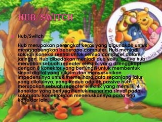 Hub/SwitchHub/SwitchHub merupakan perangkat keras yang digunakan untuk menggabungkan beberapa computer. Hub menjadi saluran koneksi sentral untuk semua computer dalam jaringan. Hub dibedakan menjadi dua yaitu, active hub merupkan sebuah repeater elektrik yang dilenggkapi dengan 8 konektor yang berfungsi untuk membentuk sinyal digital yang dikirim dan menyesuaikan impedensinya untuk memelihara data sepanjang jalur yang dilaluinya, yang kedua adalah passive hub merupakan sebuah repeater elektrik yang memiliki 4 konektor yang berfungsi untuk menerima sinyal pada salah satu konektor dan meneruskannya pada tiga konektor lain.