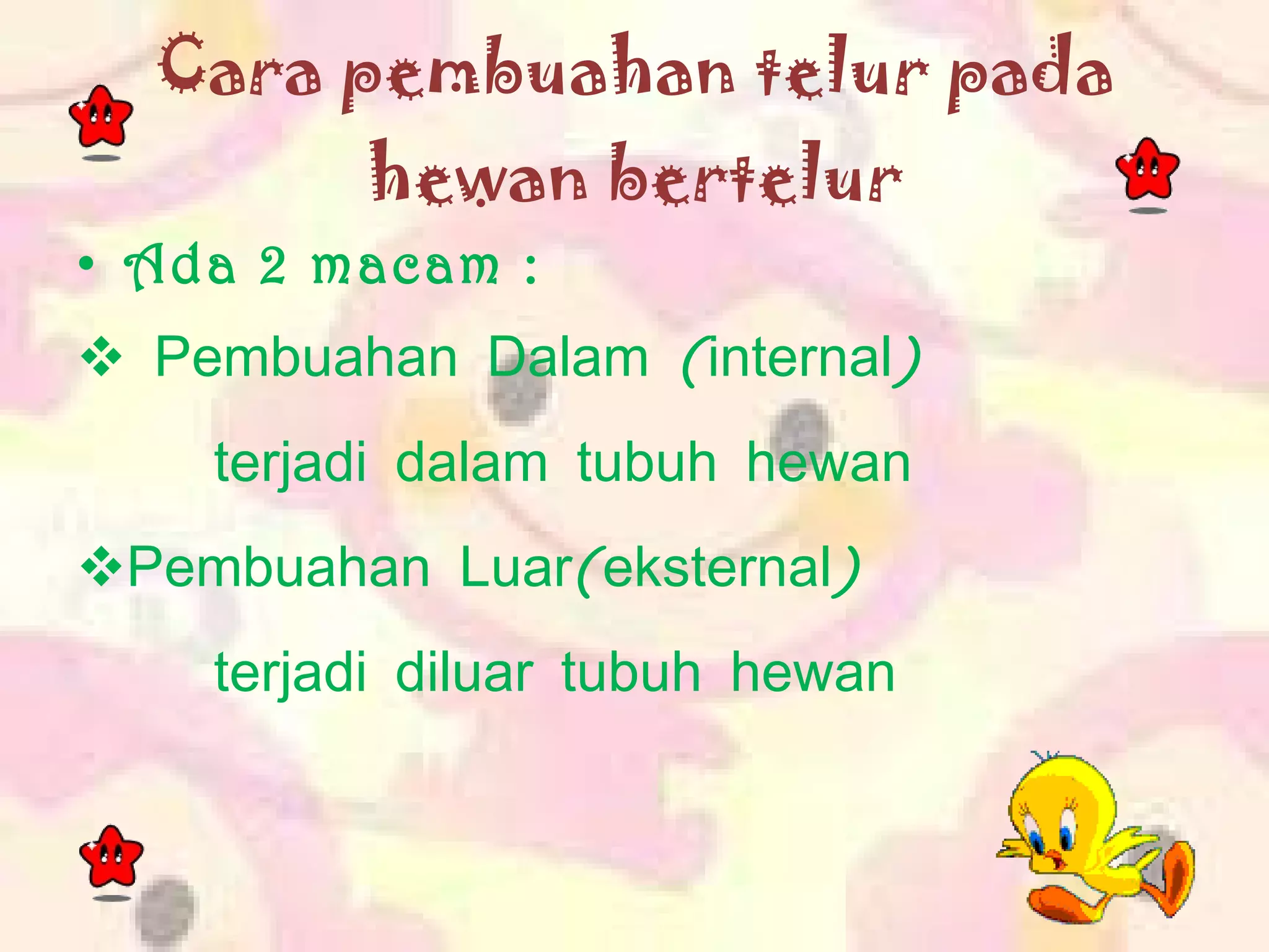 Cara pembuahan telur pada hewan bertelur Ada 2 macam :   Pembuahan Dalam (internal) terjadi dalam tubuh hewan Pembuahan Luar(eksternal) terjadi diluar tubuh hewan  