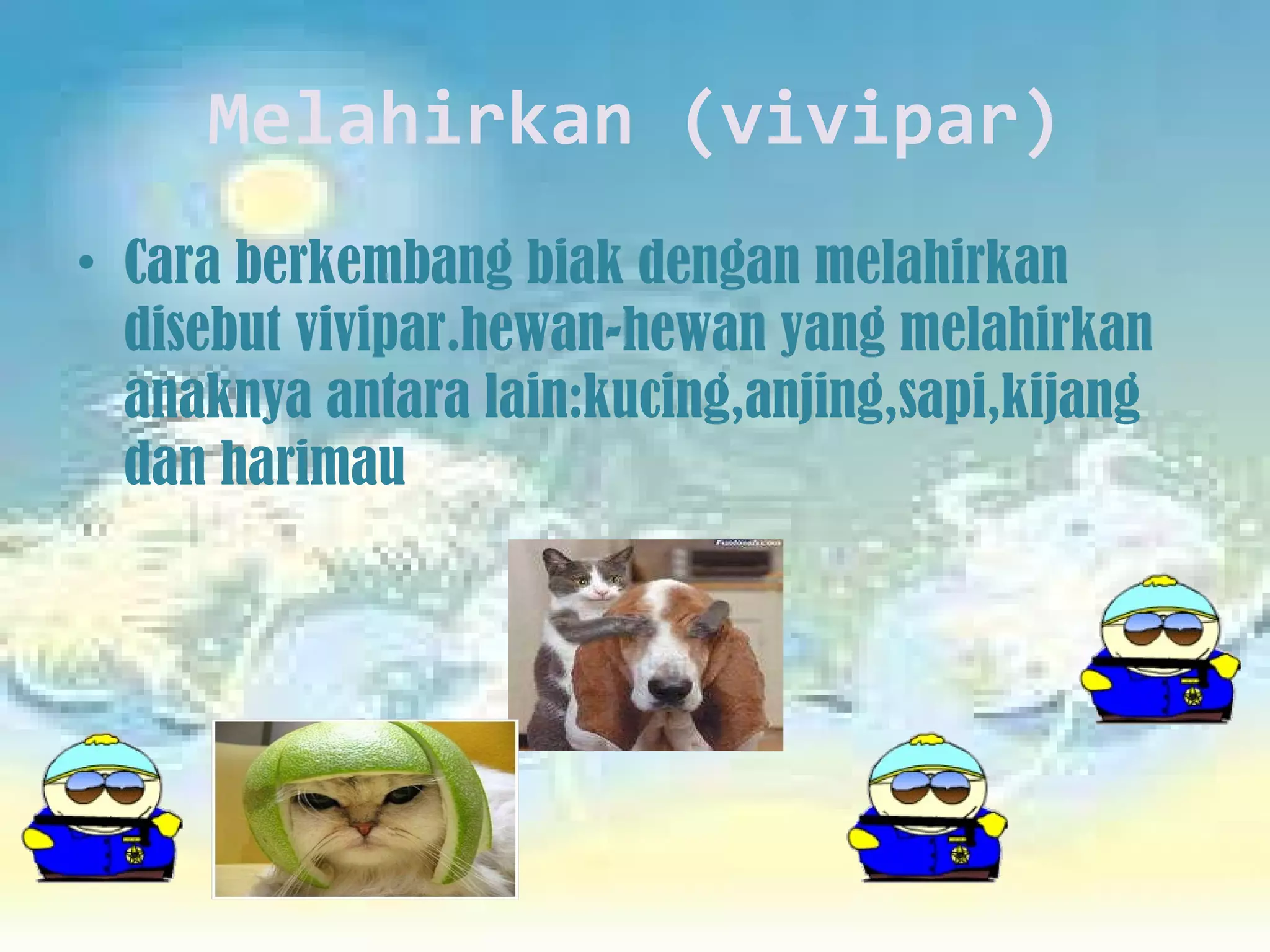 Melahirkan (vivipar) Cara berkembang biak dengan melahirkan disebut vivipar.hewan-hewan yang melahirkan anaknya antara lain:kucing,anjing,sapi,kijang dan harimau  