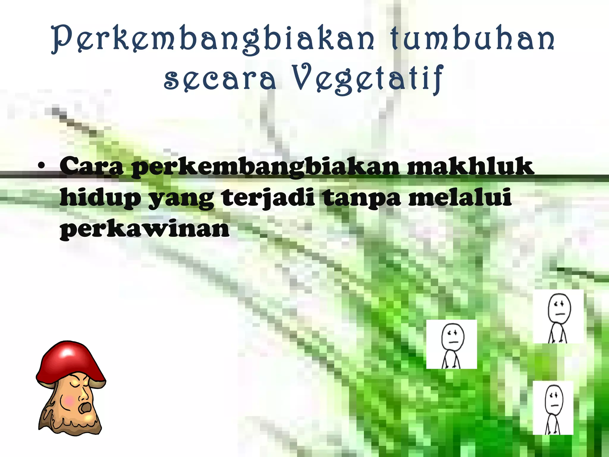 Perkembangbiakan tumbuhan secara Vegetatif Cara perkembangbiakan makhluk hidup yang terjadi tanpa melalui perkawinan 