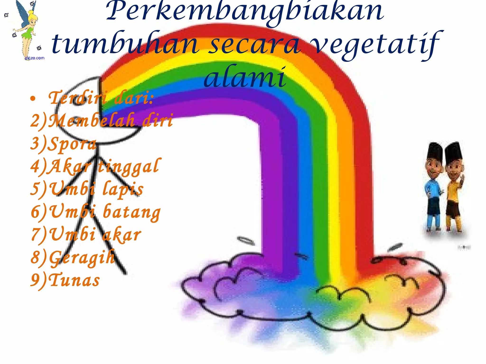 Perkembangbiakan tumbuhan secara vegetatif alami Terdiri dari:  Membelah diri Spora  Akar tinggal Umbi lapis Umbi batang  Umbi akar  Geragih Tunas  