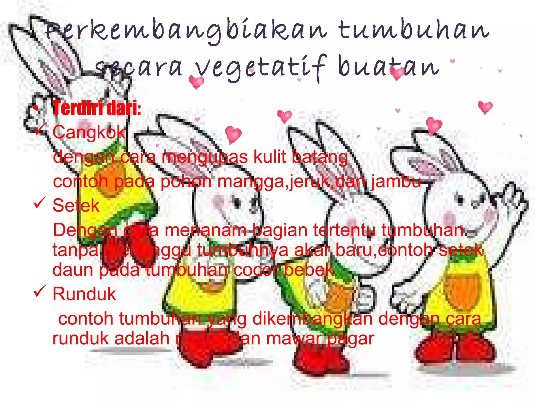 Perkembangbiakan tumbuhan secara vegetatif buatan Terdiri dari: Cangkok dengan cara mengupas kulit batang  contoh pada pohon mangga,jeruk,dan jambu Setek Dengan cara menanam bagian tertentu tumbuhan tanpa menunggu tumbuhnya akar baru,contoh setek daun pada tumbuhan cocor bebek  Runduk  contoh tumbuhan yang dikembangkan dengan cara runduk adalah melati dan mawar pagar 