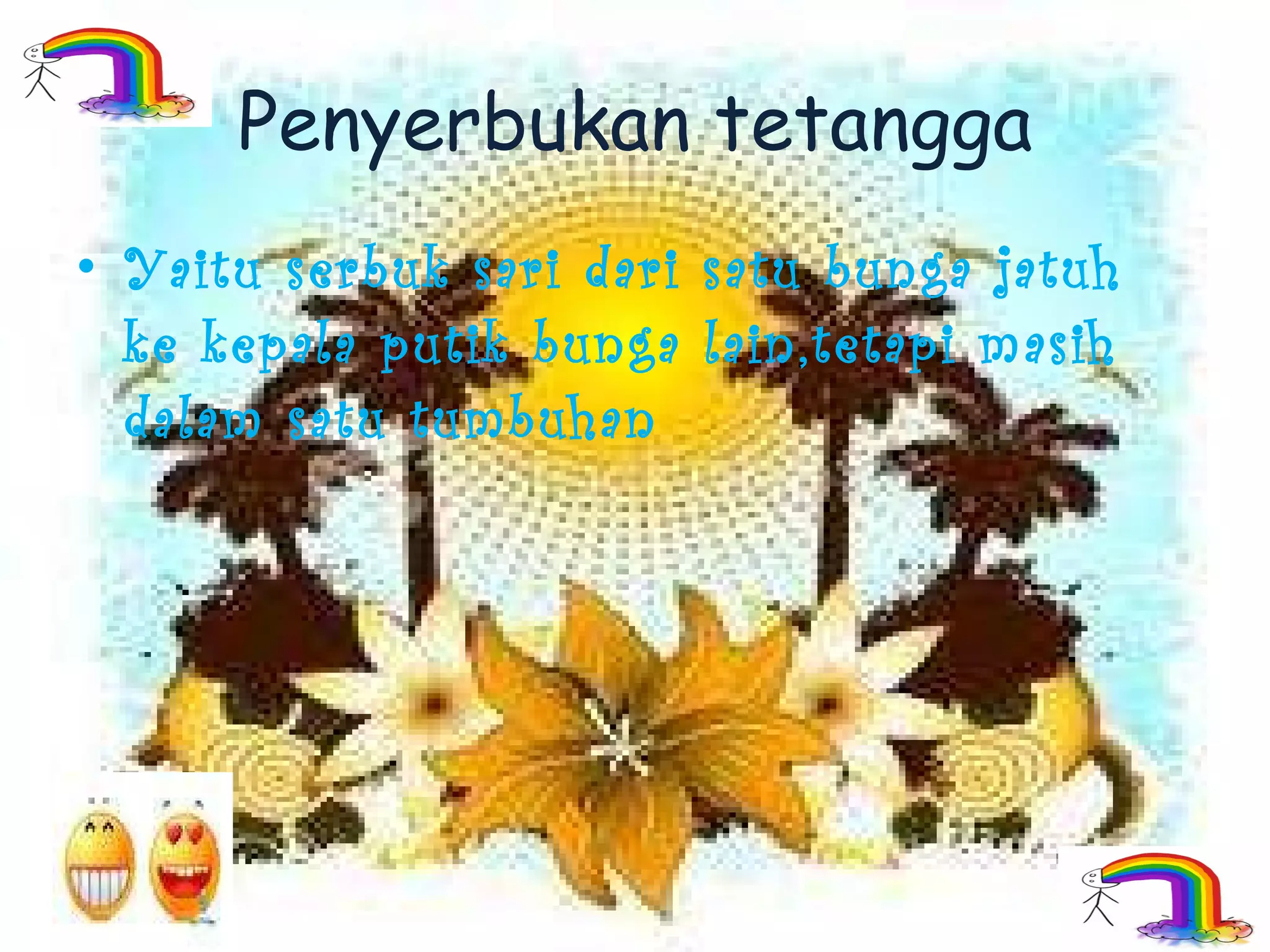 Penyerbukan tetangga Yaitu serbuk sari dari satu bunga jatuh ke kepala putik bunga lain,tetapi masih dalam satu tumbuhan 