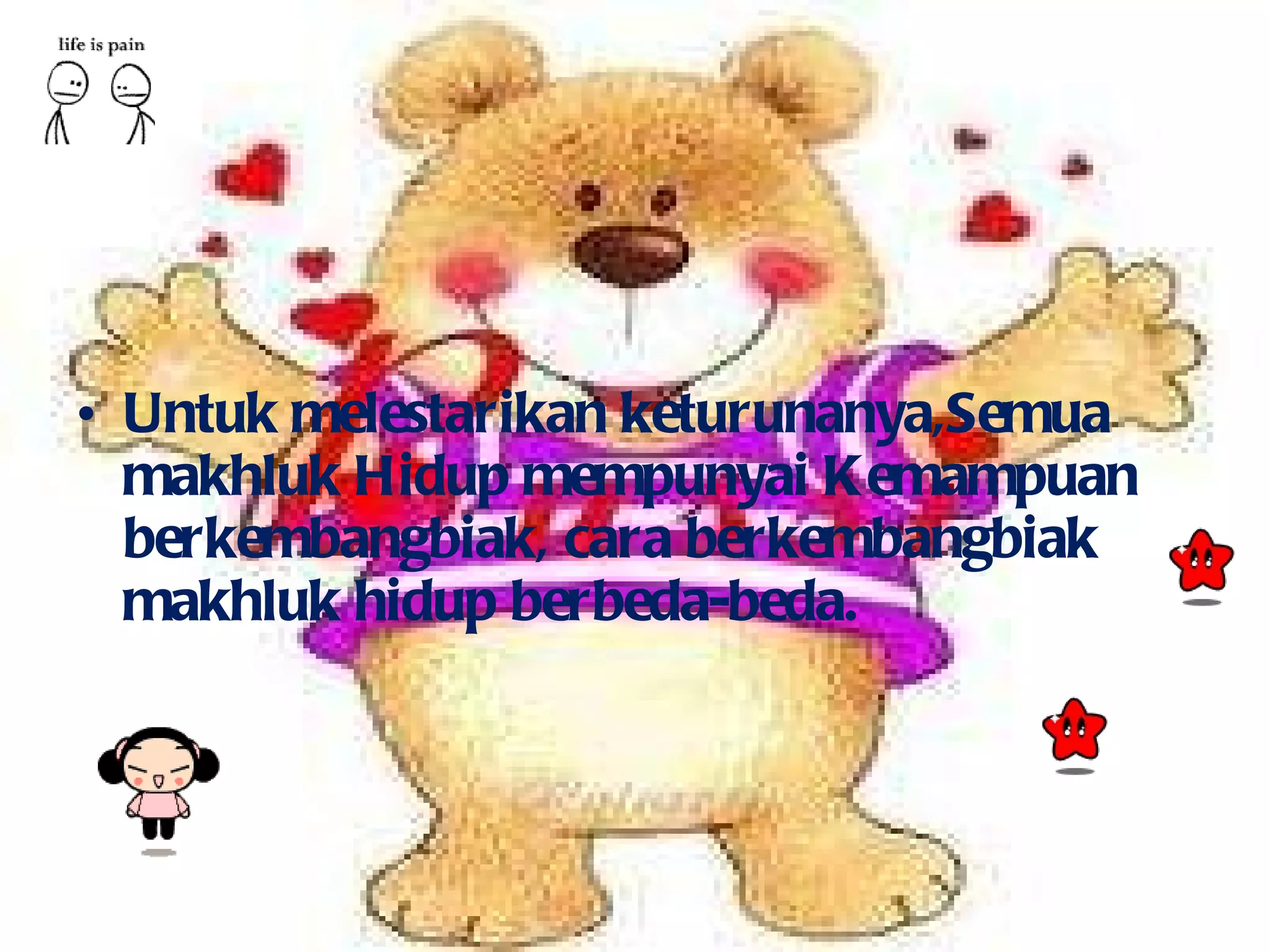 Untuk melestarikan keturunanya,Semua makhluk Hidup mempunyai Kemampuan berkembangbiak, cara berkembangbiak makhluk hidup berbeda-beda. 