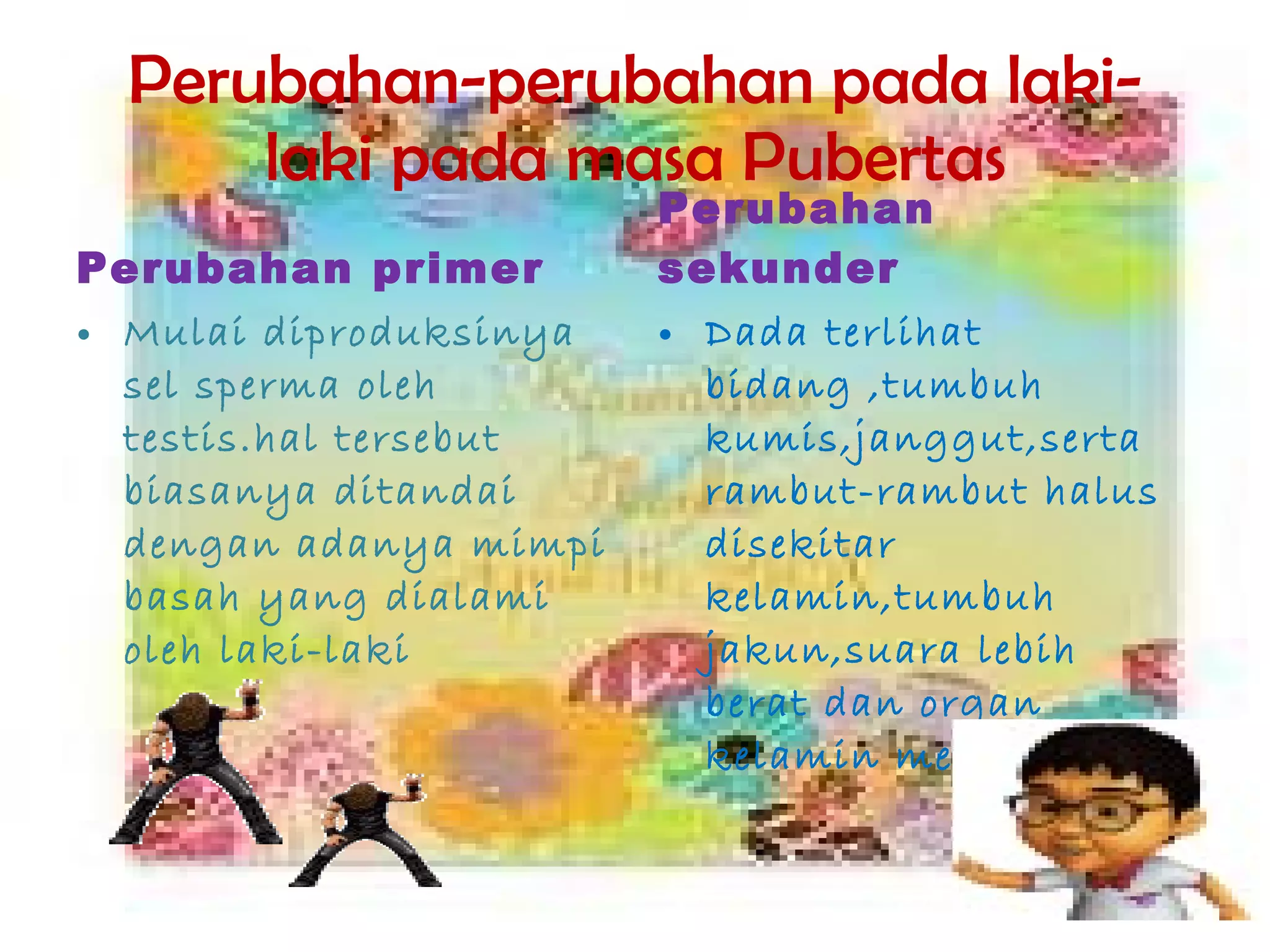 Perubahan-perubahan pada laki-laki pada masa Pubertas Perubahan primer Mulai diproduksinya sel sperma oleh testis.hal tersebut biasanya ditandai dengan adanya mimpi basah yang dialami oleh laki-laki Perubahan sekunder Dada terlihat bidang ,tumbuh kumis,janggut,serta rambut-rambut halus disekitar kelamin,tumbuh jakun,suara lebih berat dan organ kelamin membesar 