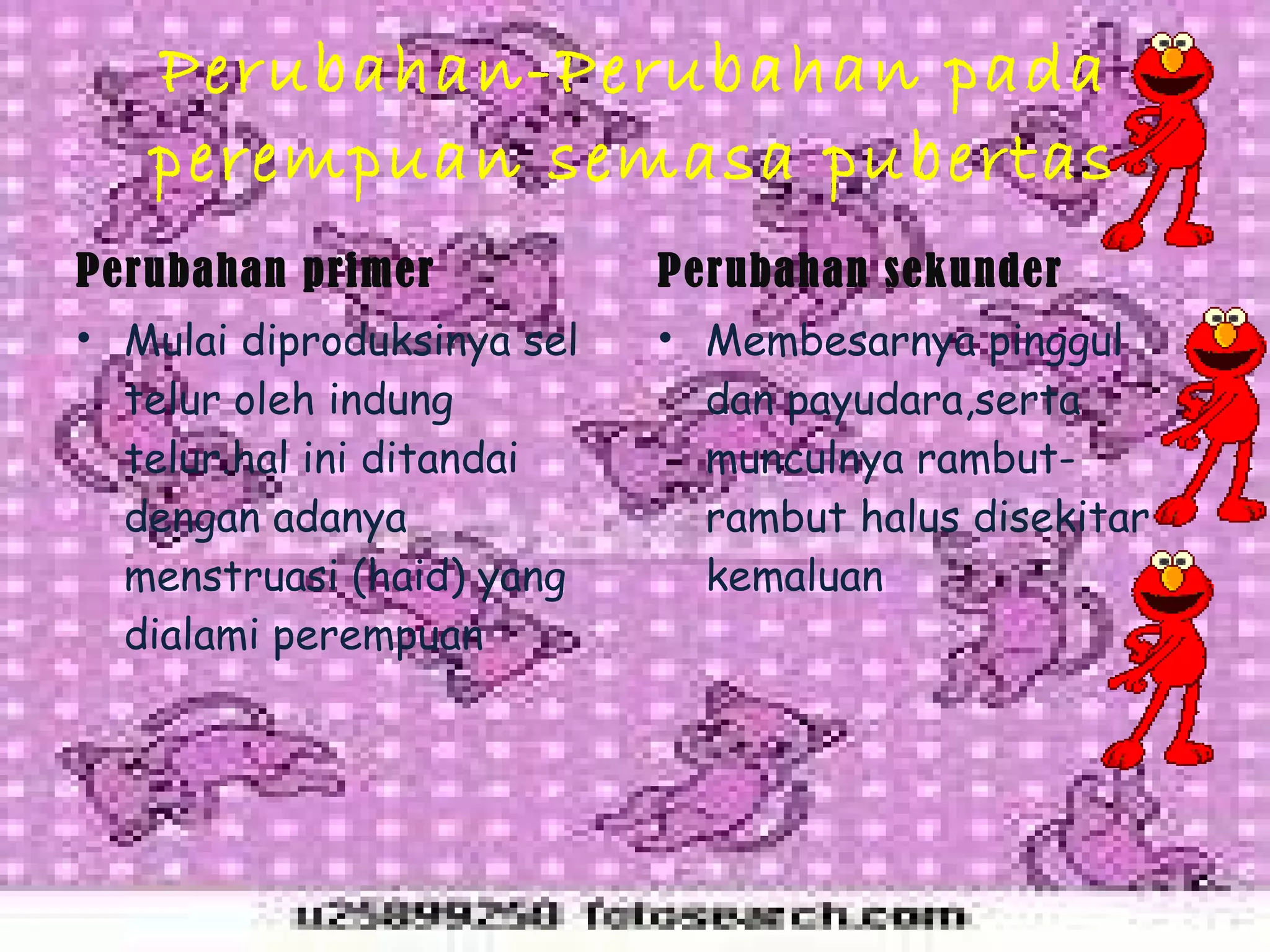 Perubahan-Perubahan pada perempuan semasa pubertas Perubahan primer Mulai diproduksinya sel telur oleh indung telur.hal ini ditandai dengan adanya menstruasi (haid) yang dialami perempuan Perubahan sekunder Membesarnya pinggul dan payudara,serta munculnya rambut-rambut halus disekitar kemaluan 