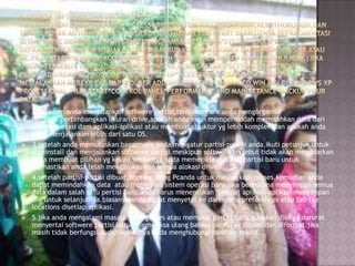 

2.Sebelum anda menjalankan softwere partisi,tentukan cara anda mengorganisir
harddisk.pertimbangkan ukuran drive,apakah anda ingin mempermudah memisahkan data dari
sistem operasi dam aplikasi-aplikasi atau membuat struktur yg lebih komplek,dan apakah anda
ingin menjalankan lebih dari satu OS.



3.setelah anda memutuskan bagaimana anda mengatur partisi-partisi anda,ikuti petunjuk untuk
meninstall dan menjalankan softwere partisi.meskipun softwere tersebut tidak akan membiarkan
anda membuat pilihan yg keliru,sebaiknya anda memeriksa dua kali partisi baru untuk
memastikan anda telah mengalokasikan semua alokasi drive.



4.setelah partisi-partisi dibuat,booting ulang Pcanda untuk melengkapi proses.kemudian anda
dapat memindahkan data atau meninstall sistem operasi baru.jika berencana menyimpan semua
data dalam salah satu pertisi baru,anda harus menentukan tempat aplikasi-aplikasi menyimpan
file untuk selanjutnya.biasanya anda dapat menyetel ini dari menu preferences atau tab file
locations disetiap aplikasi.



5.jika anda mengalami masalah mengakses atau memakai partisi baru,gunakan disk yg darurat
menyertai softwere partisi untuk memeriksa ulang bahwa partisi yg dibuat dan diformat.jika
masih tidak berfungsi,sudah waktunya anda menghubungi bantuan teknis.

 