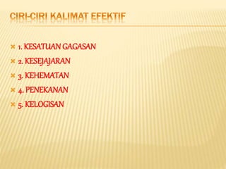  1. KESATUAN GAGASAN
 2. KESEJAJARAN
 3. KEHEMATAN
 4. PENEKANAN
 5. KELOGISAN
 