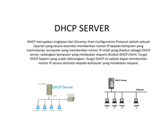 DHCP SERVER
DHCP merupakan singkatan dari Dinamyc Host Configuration Protocol adalah sebuah
layanan yang secara otomatis memberikan nomor IP kepada komputer yang
memintanya. komputer yang memberikan nomor IP inilah yang disebut sebagai DHCP
server, sedangkan komputer yang melakukan request disebut DHCP Client. fungsi
DHCP Seperti yang sudah diterangkan. fungsi DHCP ini adalah dapat memberikan
nomor IP secara otomatis kepada komputer yang melakukan request.
 