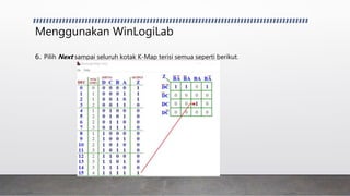 Menggunakan WinLogiLab
6. Pilih Next sampai seluruh kotak K-Map terisi semua seperti berikut.
 