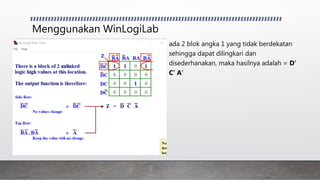 Menggunakan WinLogiLab
ada 2 blok angka 1 yang tidak berdekatan
sehingga dapat dilingkari dan
disederhanakan, maka hasilnya adalah = D’
C’ A’
 