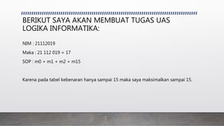BERIKUT SAYA AKAN MEMBUAT TUGAS UAS
LOGIKA INFORMATIKA:
NIM : 21112019
Maka : 21 112 019 = 17
SOP : m0 + m1 + m2 + m15
Karena pada tabel kebenaran hanya sampai 15 maka saya maksimalkan sampai 15.
 