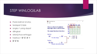 STEP WINLOGILAB
 Pada kalimat di atas
 terdapat 2 blok
 angka 1 yang dapat
 dilingkari
 selanjutnya sehingga
 hasilnya = D’ C’ A’ +
 D’ C’ B
 