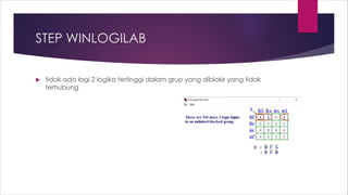 STEP WINLOGILAB
 tidak ada lagi 2 logika tertinggi dalam grup yang diblokir yang tidak
terhubung
 