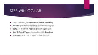 STEP WINLOGILAB
 Lalu pada bagian Demonstrate the Following
 Process pilih Karnaugh Map dan Pada bagian
 Data For The Truth Table is Obtain From: pilih
 User Entered Values. Kemudian pilih Continue
 program maka akan muncul form berikut.
 